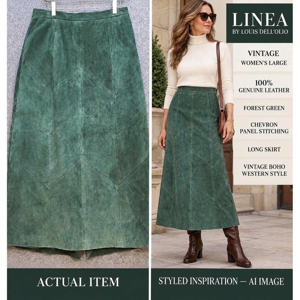 Linea Suede Skirt Women Vintage Leather Maxi Forest Green Large Excellent Boho